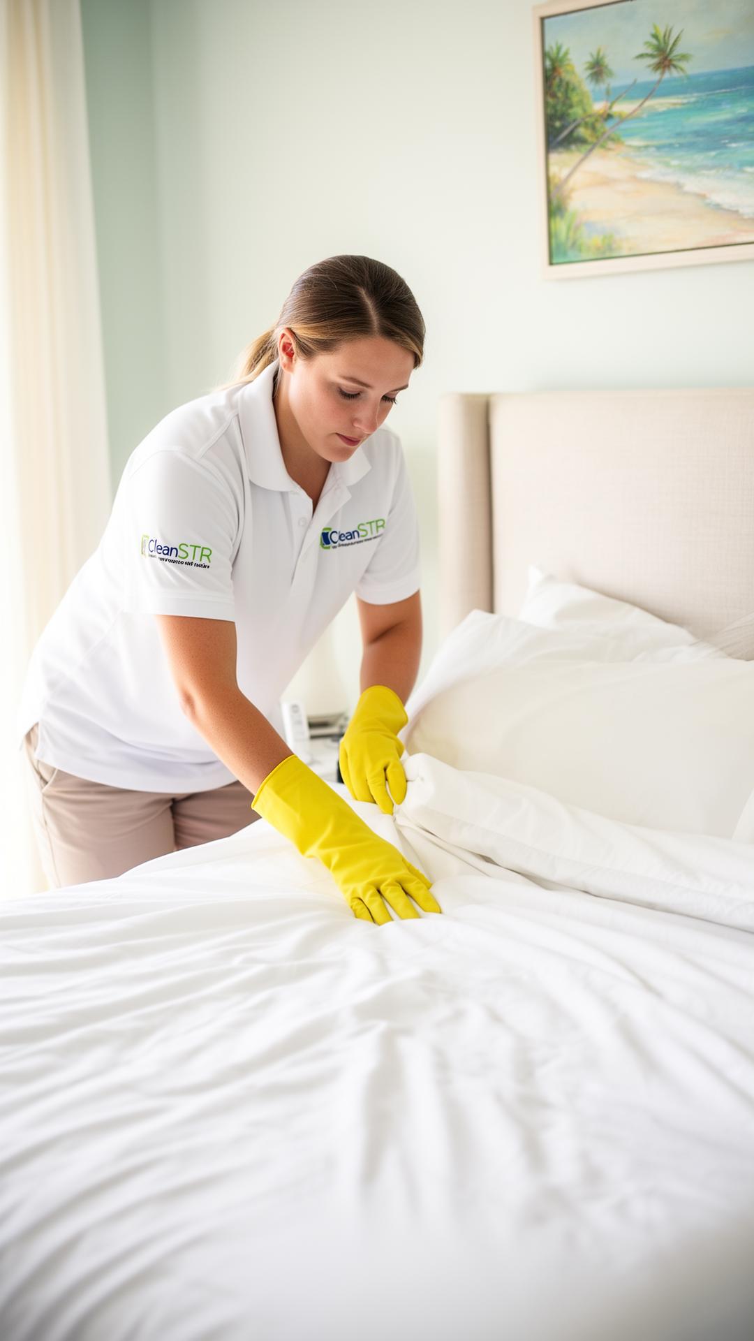 CleanSTR housekeeper making a bed with fresh white linens