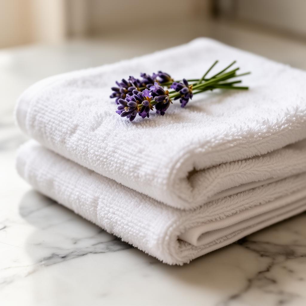 Folded white hotel-grade towels with lavender
