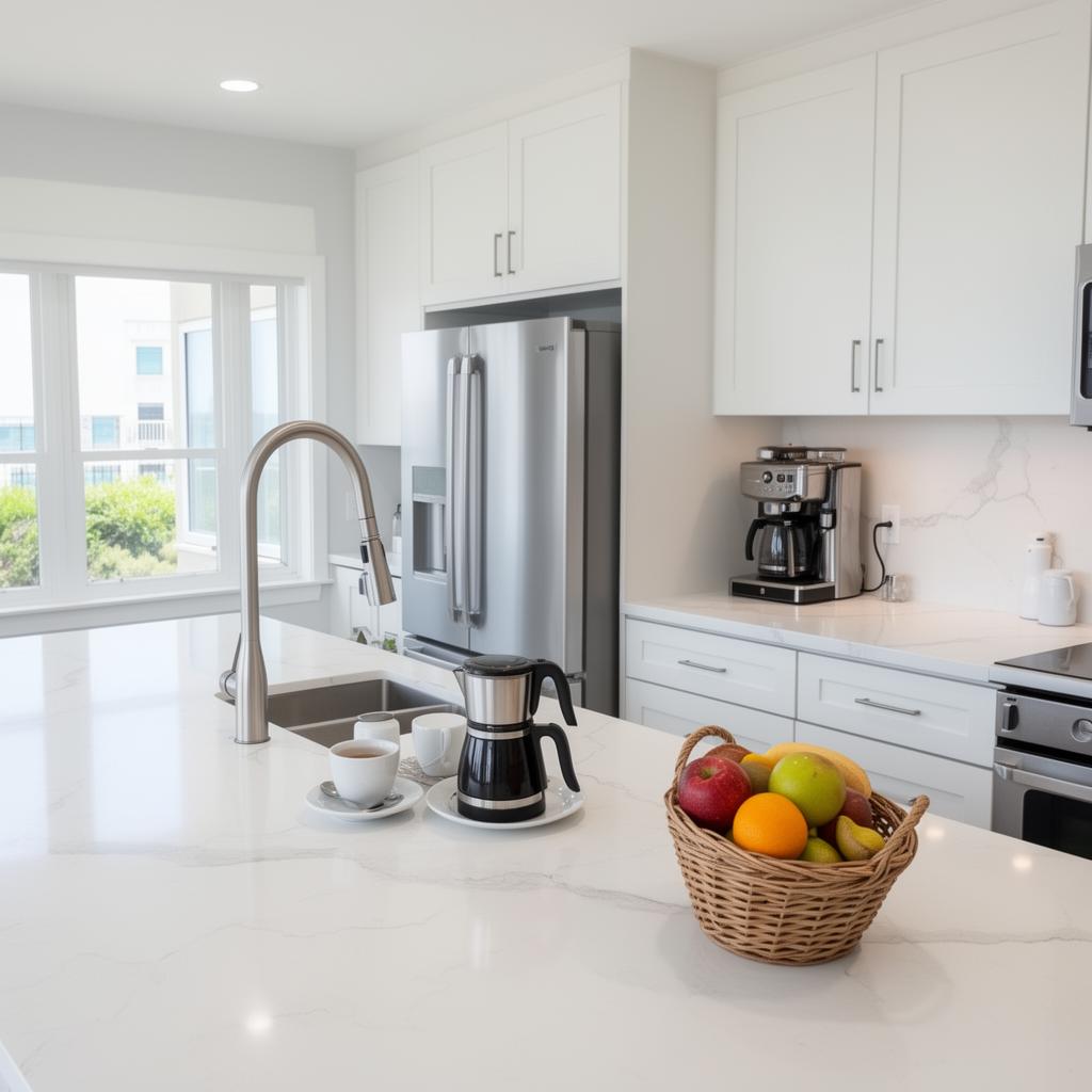Pristine vacation rental kitchen prepared for guests