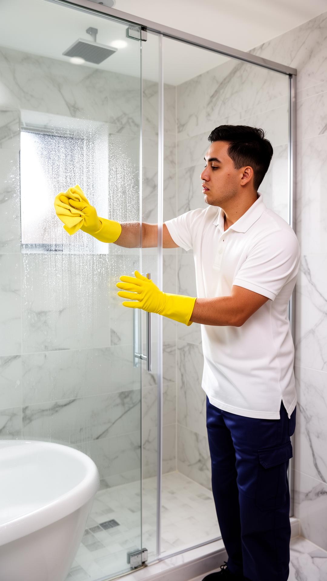 CleanSTR team member cleaning a glass shower in a marble bathroom