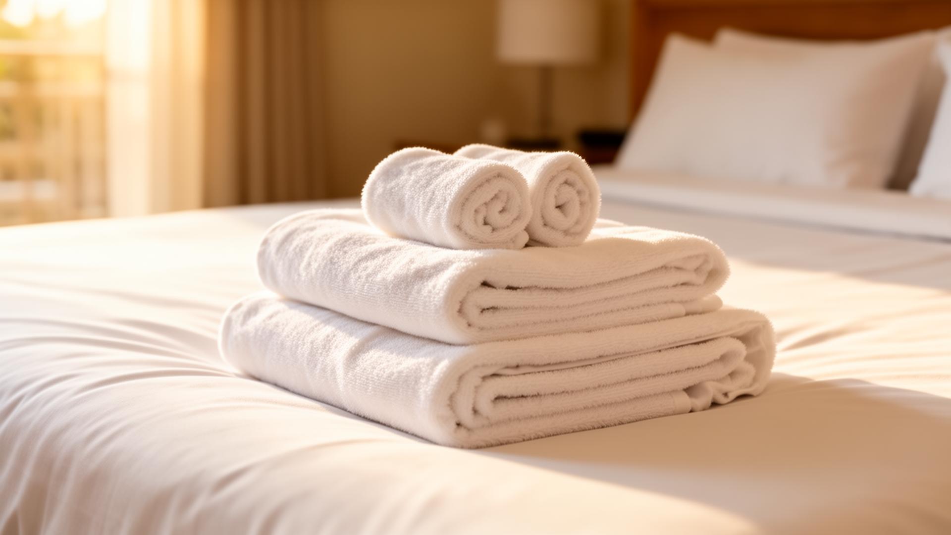 Hotel-style folded towel presentation on a freshly made bed