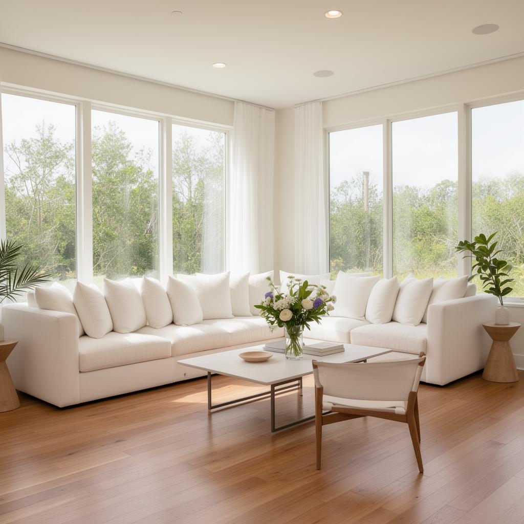 Pristine vacation rental living room with white linen sofa and natural light